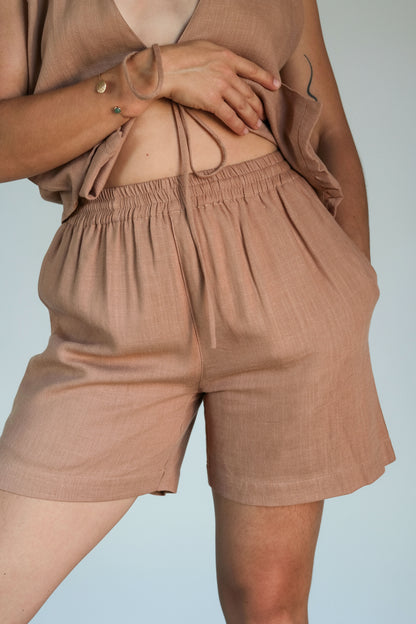 Short femme lin fluide rose poudré